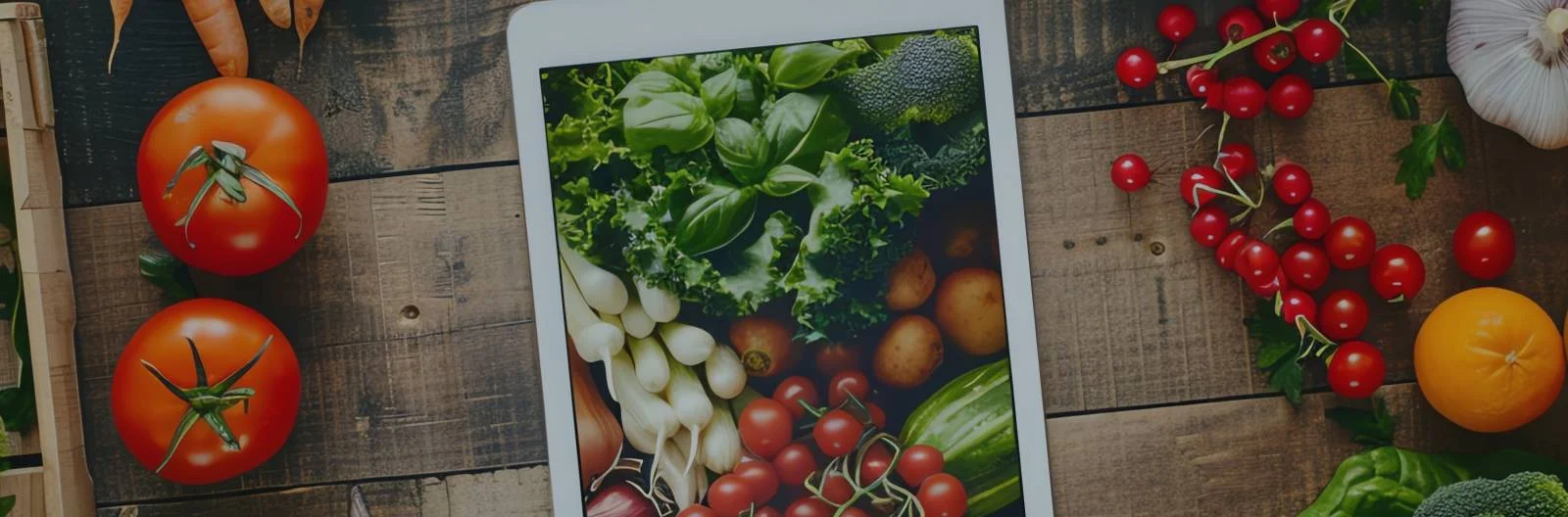 Schmuckbild Marktberichte: Tisch von oben mit Gemüse und Tablet