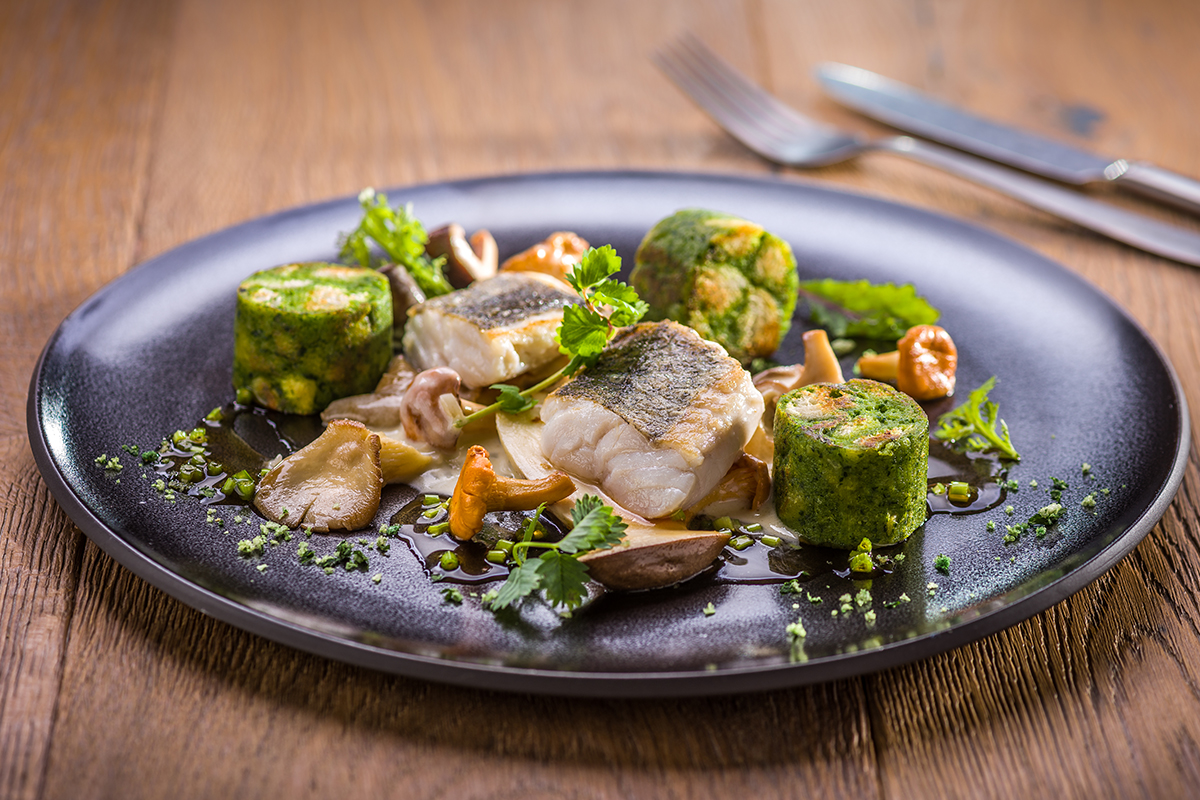 Gebratenes Seehechtfilet auf cremigen Waldpilzen und Petersilienknödel ... Gebratenes Seehechtfilet auf cremigen Waldpilzen und Petersilienknödel ...