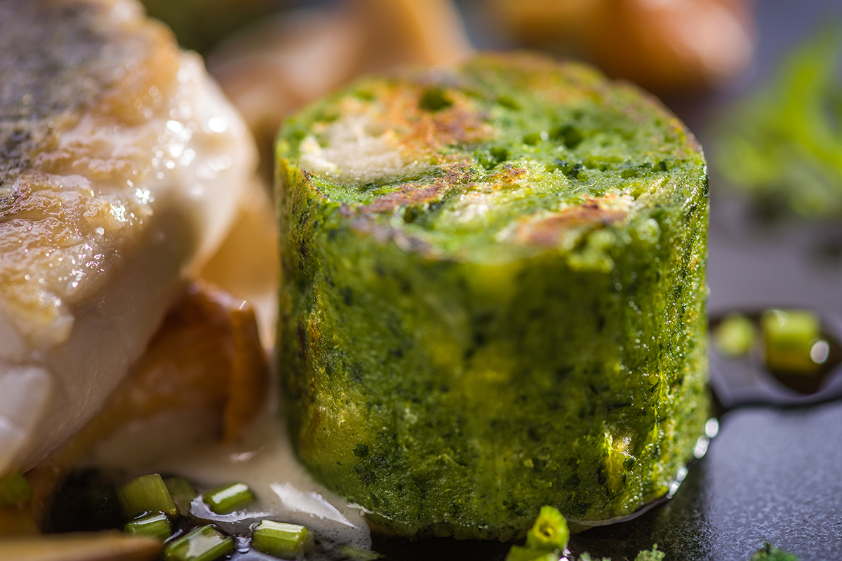 Gebratenes Seehechtfilet auf cremigen Waldpilzen und Petersilienknödel ... Gebratenes Seehechtfilet auf cremigen Waldpilzen und Petersilienknödel ...