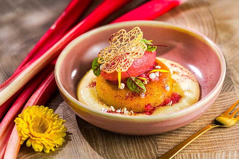 Savarin in Tangerine-Gin getränkt | Rhabarber | weiße Schokolade