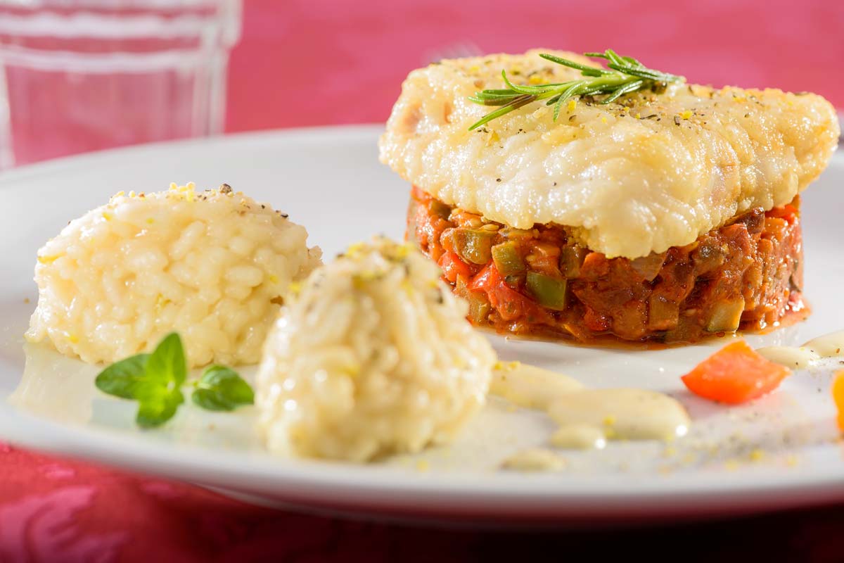 Gebratenes Hokifischfilet auf feinem Ratatouille und cremigem ...